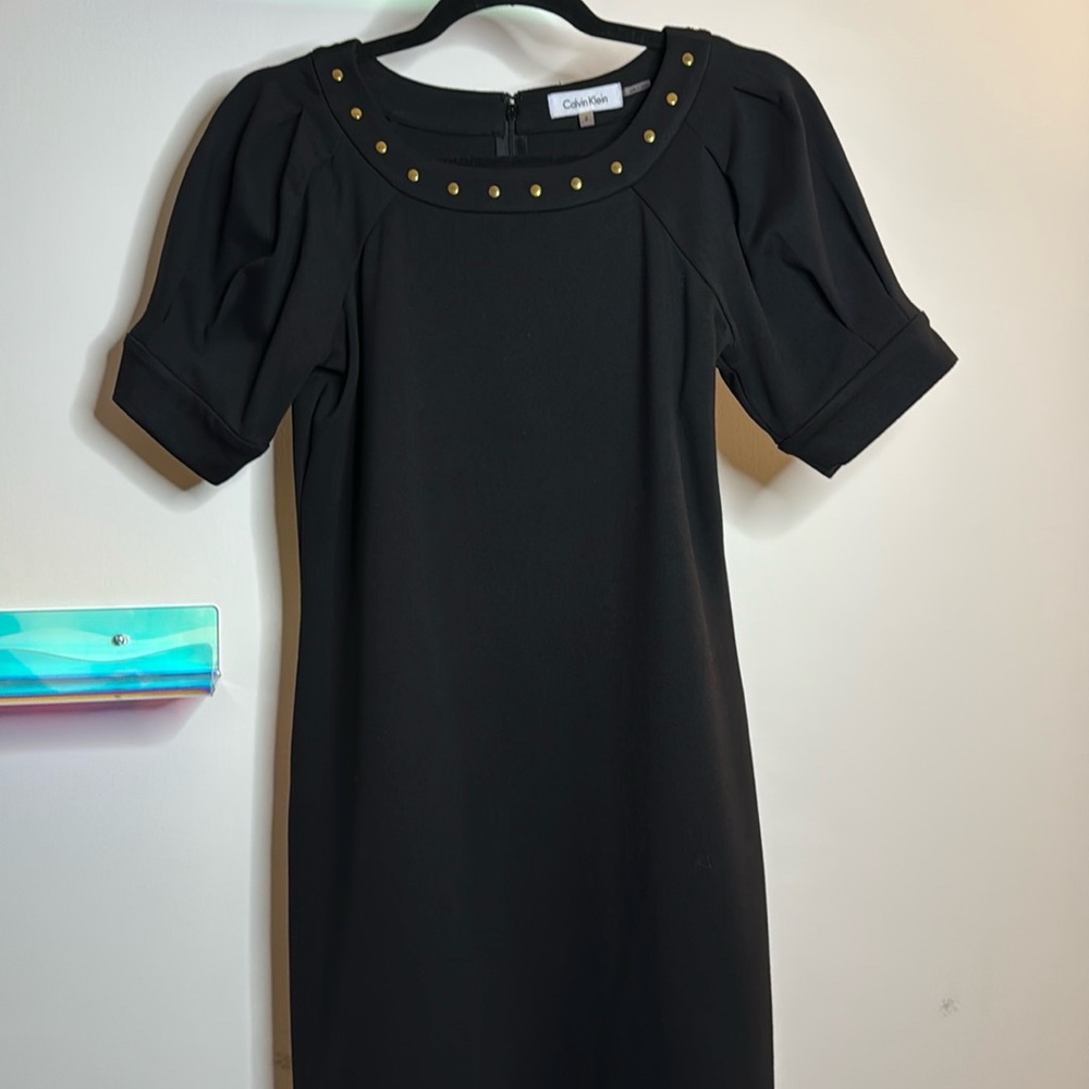 Calvin Klein Embelished Collar Black Midi Dress EUC
